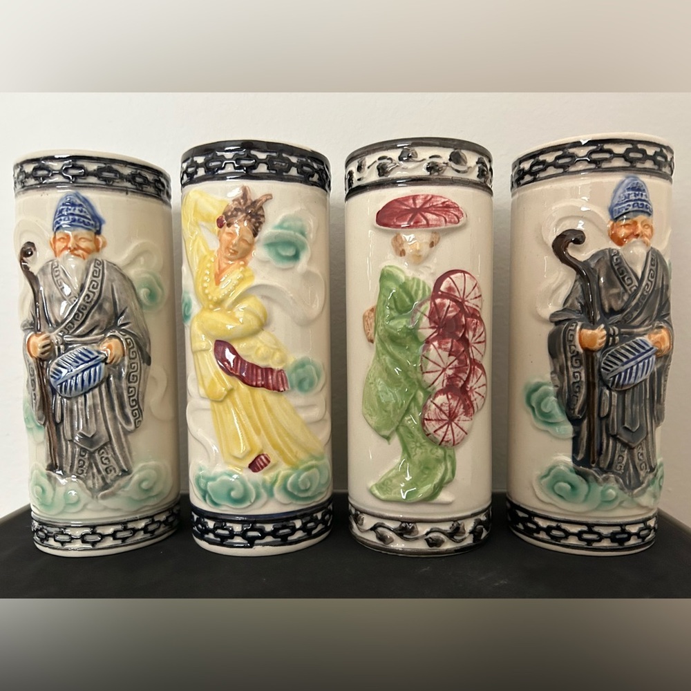 Four Vintage MCM “Orchids of Hawaii” ceramic Tiki Asian Inspired Tumblers / Mugs